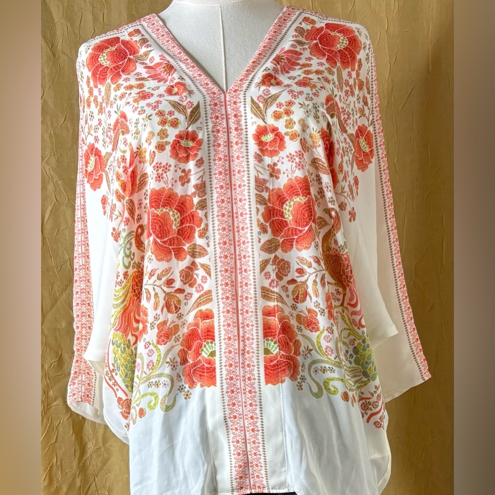 Rose & Olive White V-Neck Tunic with Orange Floral Print